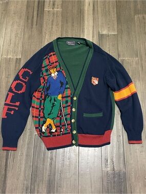 Vintage Hathaway Golf Cardigan Sweater Mens Golfer Graphic Knit Country Club